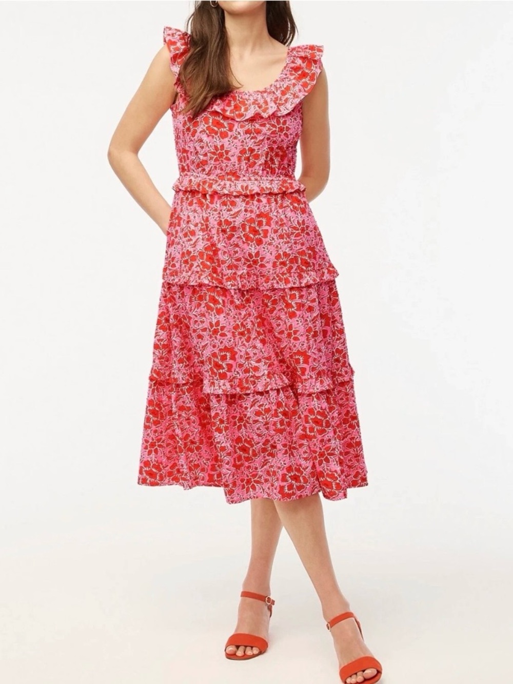 J. Crew Pink and Red Floral Ruffle Tiered Midi Dress